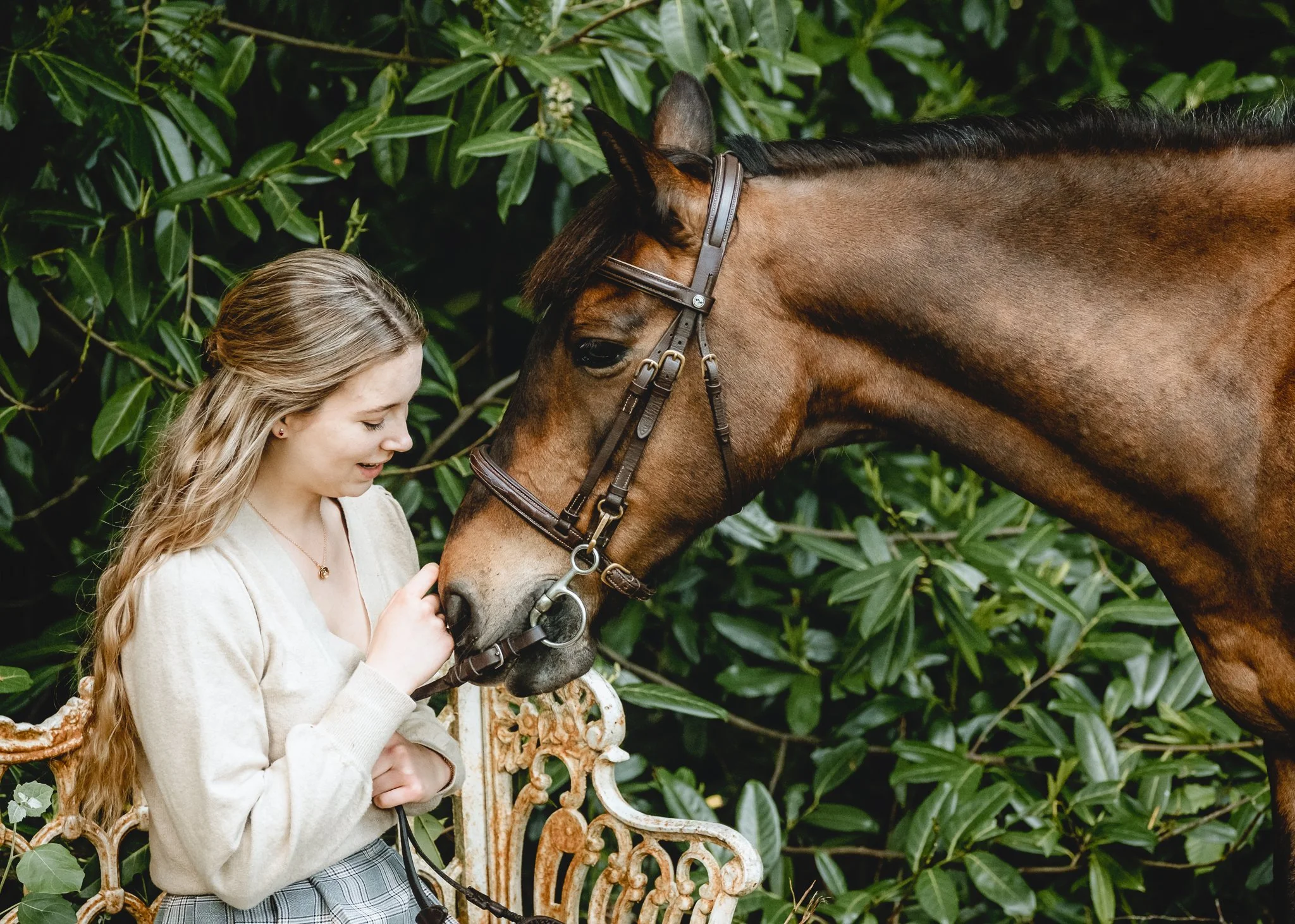 Natural horse photography with rustic countryside backdrop