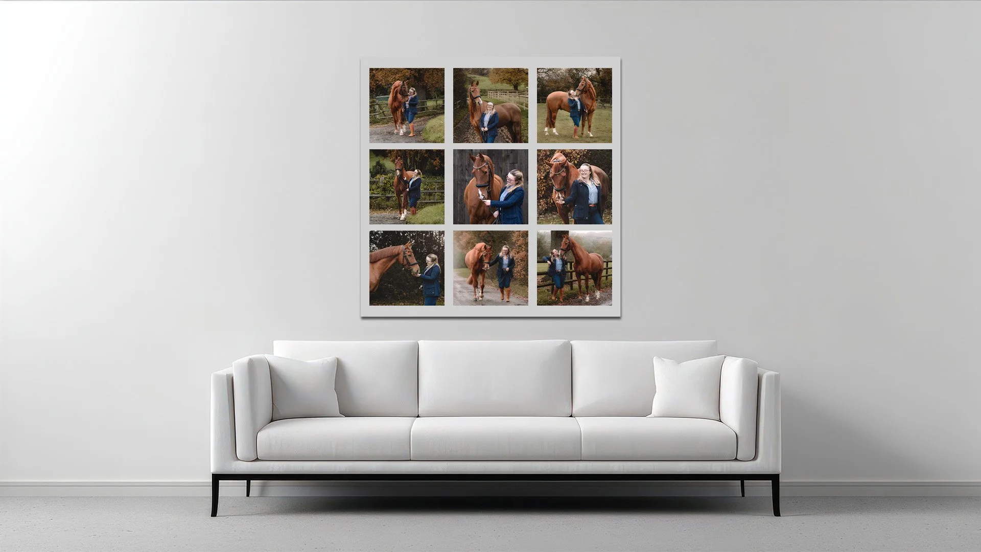 A white sofa with two pillows in front of a light gray wall. Above the sofa, a collage of nine photos features a woman with long blonde hair in a blue jacket, and various horses, in outdoor settings.