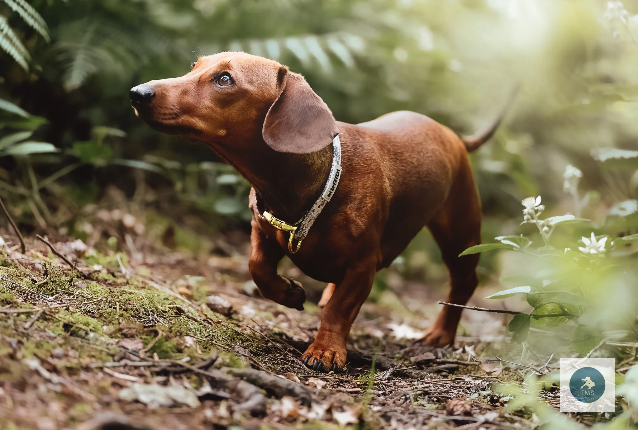 a sausage dog exploring the woodland during an early summer photoshoot