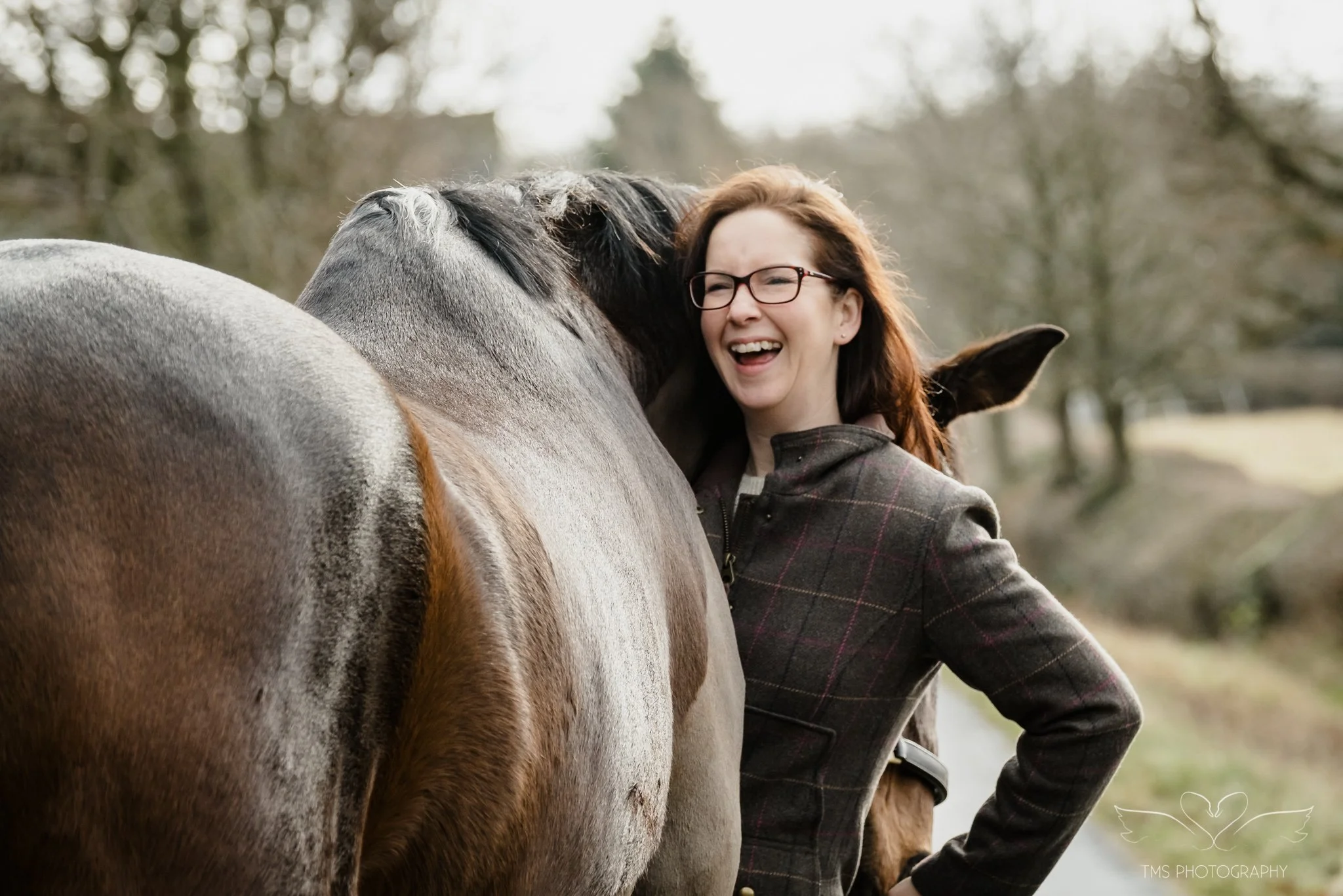 a horse playfully nipping his owner