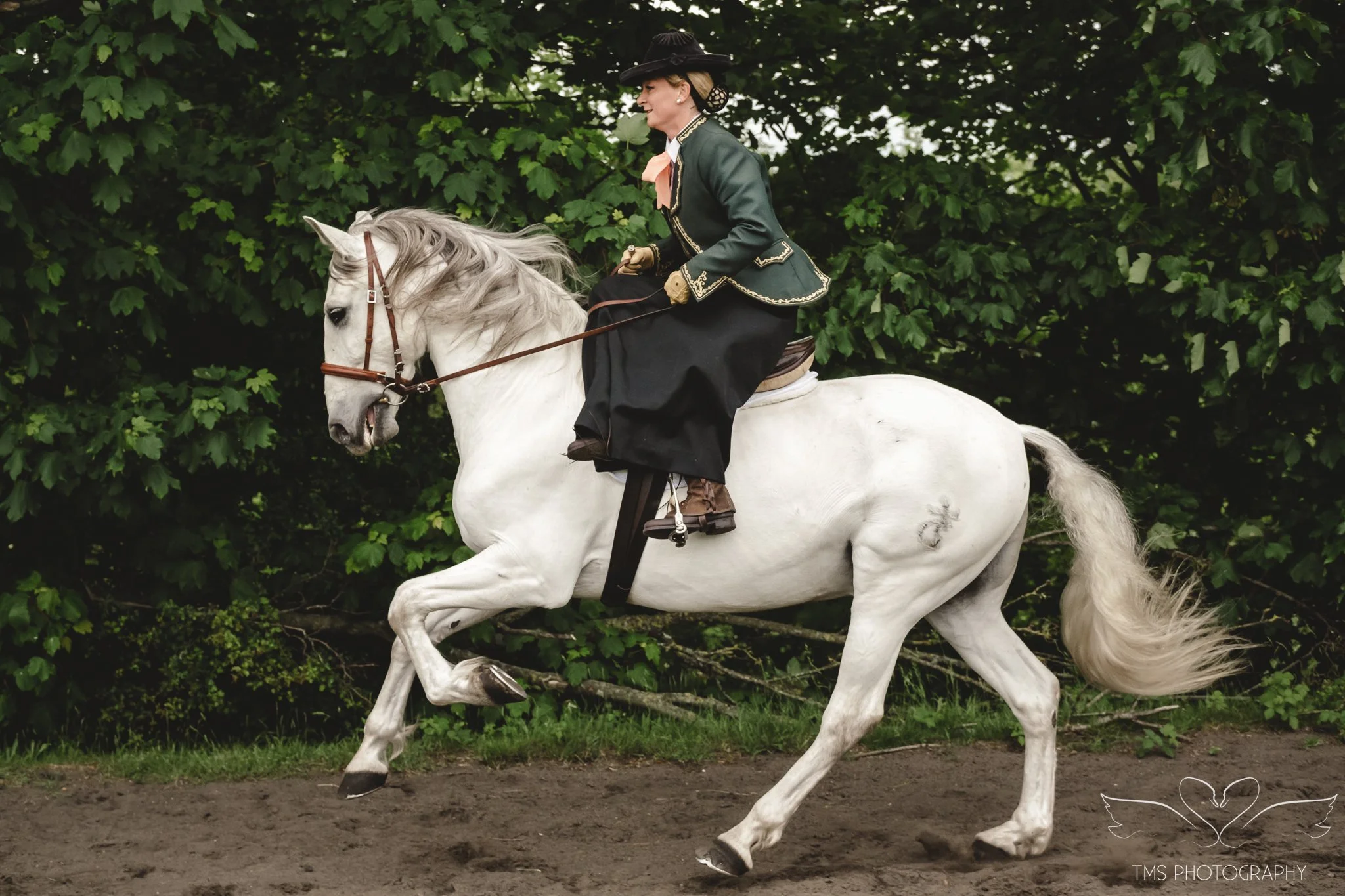 Tanya riding Querberin in a traditional Spanish side saddle habit
