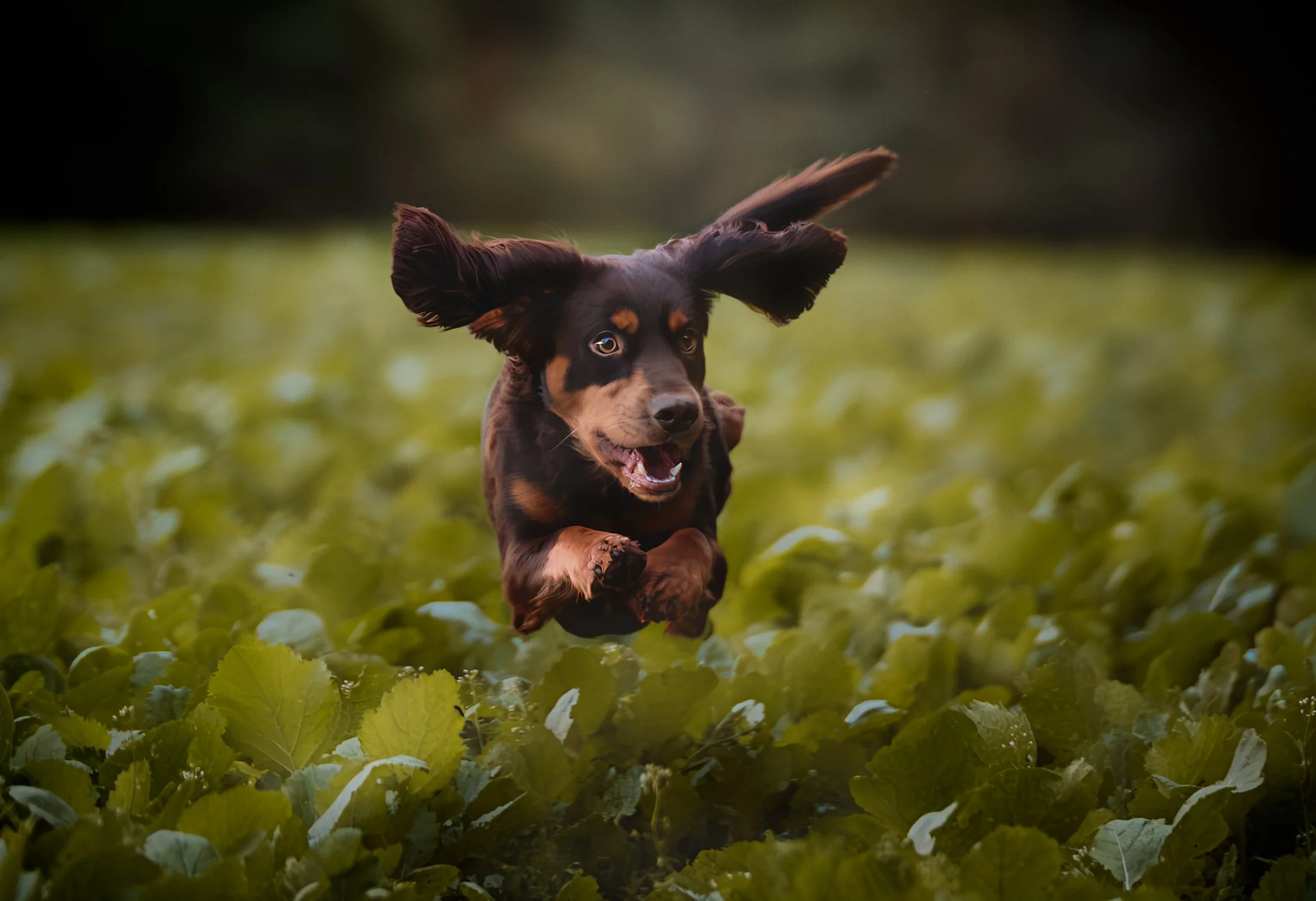 A dog with long ears running through a field of green plants.