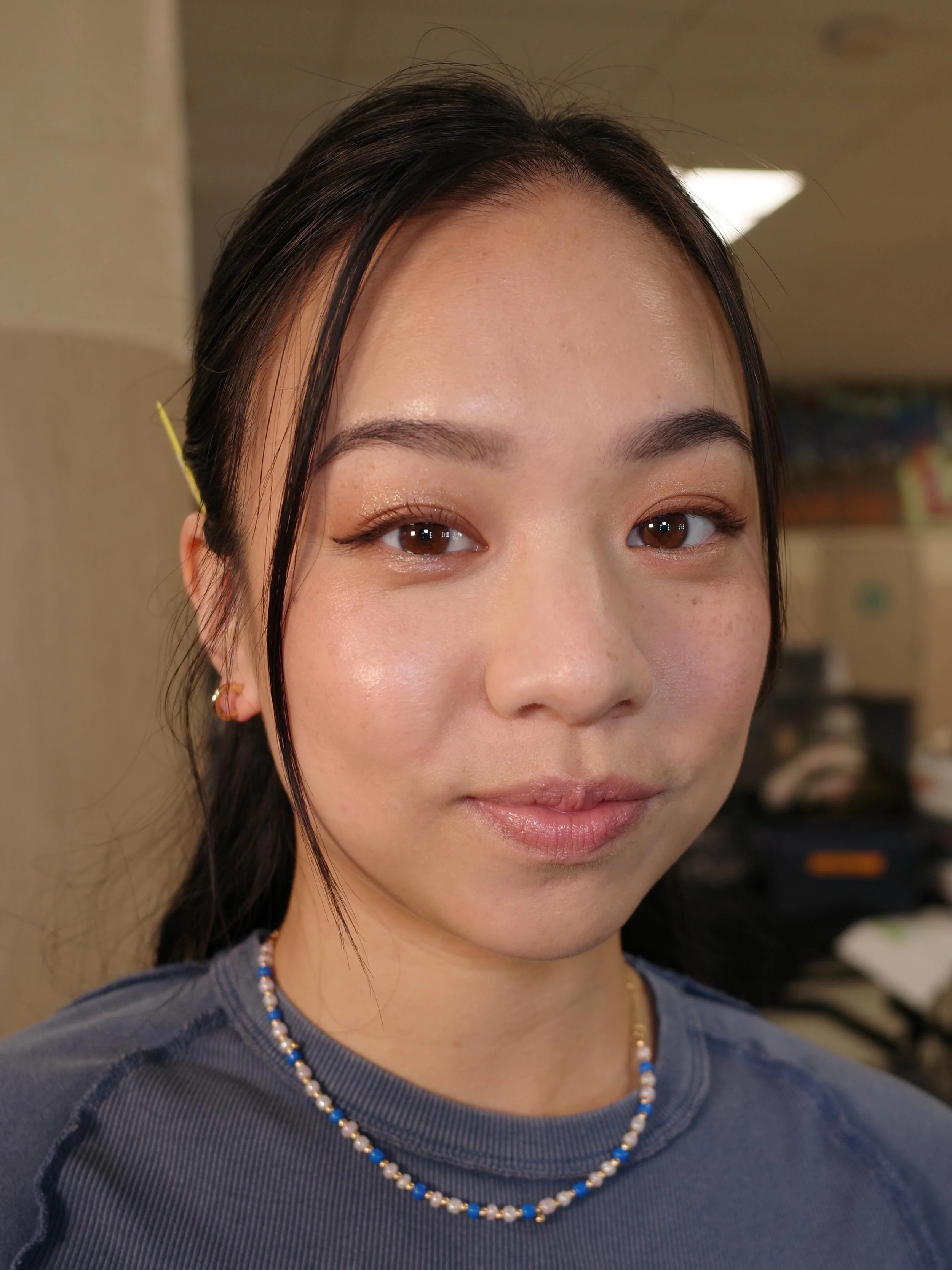 Behind the scenes of a commercial production in San Francisco Bay Area featuring Asian-american Woman 30 year old with glowy, radiant skin and k-beauty style makeup by Angela Shippen.