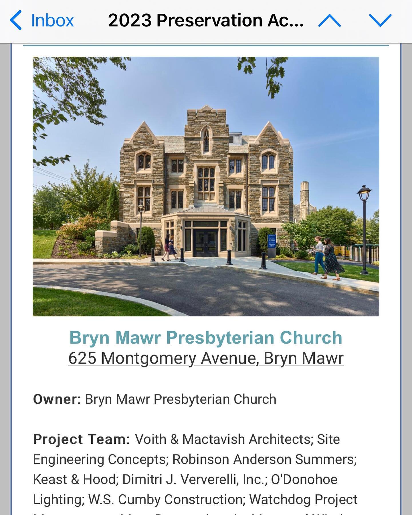 What a special email to see this morning from the @presalliancephl for the inclusion of @brynmawrpres in the 2023 Preservation Achievement Awards - Grand Jury Award Winners! We are grateful to have been on this project team led by @voithmactavish! cc