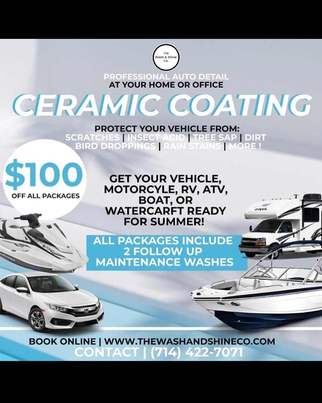 $100 off all ceramic coating packages! #mobiledetailing #ceramiccoating #details #detailersofinstagram #mobilewash #detailers #autodetailing #mobile #mobileautodetailing #orangecounty #losangeles #thewashandshinecompany #cars #carsofinstagram #auto #