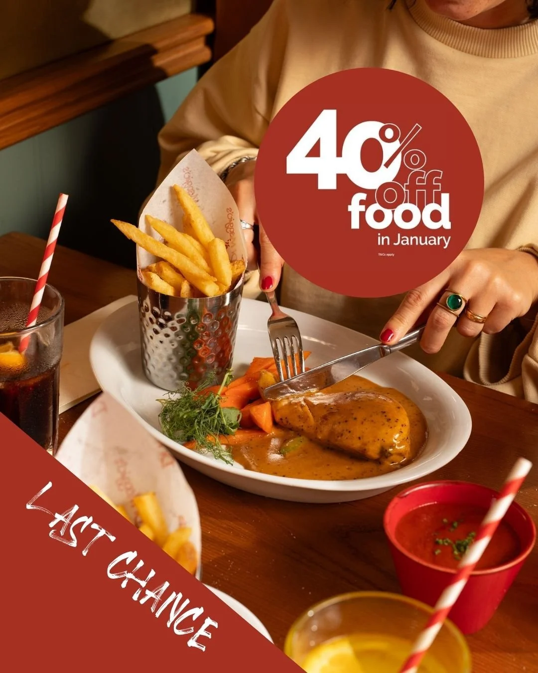🚨 Last chance to get 40% off your food bill!
There&rsquo;s still time to enjoy this exclusive Restaurant Rewards offer, but not for long. 

Join Restaurant Rewards today and enjoy 40% off food.
T&amp;Cs apply.

Not a member? Sign up via link in Bio.