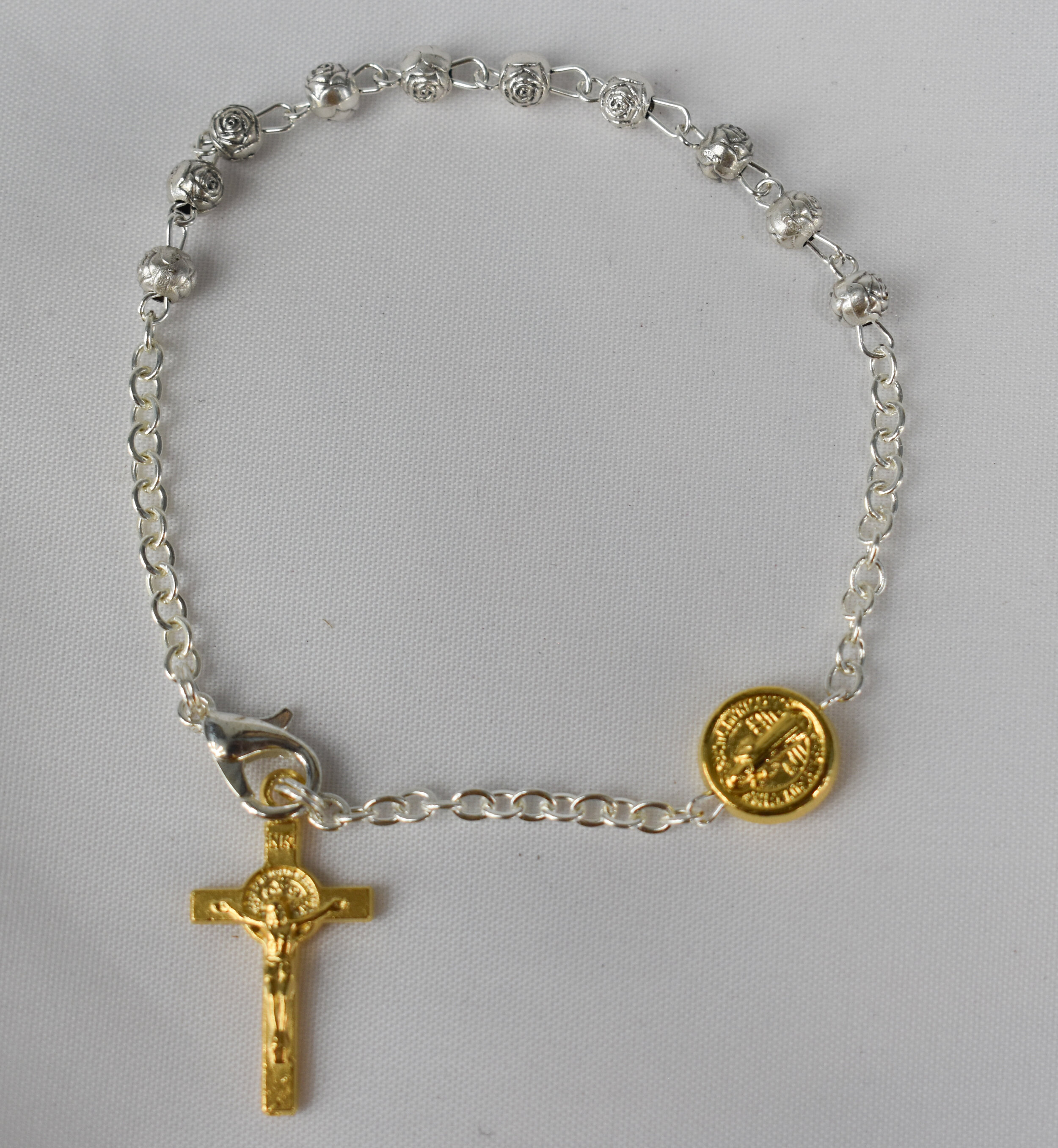 Italian 14k Yellow Gold Miraculous Medal Charm Rosary Bracelet 7