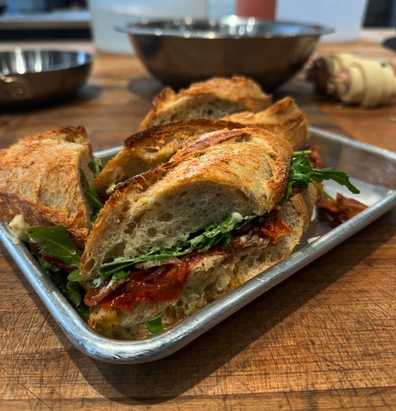 &lsquo;BLT&rsquo;s&rsquo; this week! Thyme roasted cherry tomatoes, Berkshire bacon, arugula, and roasted garlic &amp; lemon mayo on our fresh baguette.