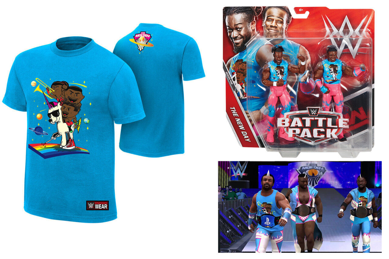 WWE merchandise including a blue T-shirt with cartoon characters, a WWE Battle Pack action figures set with WWE wrestlers in colorful gear, and a WWE wrestler in the ring wearing similar themed apparel.