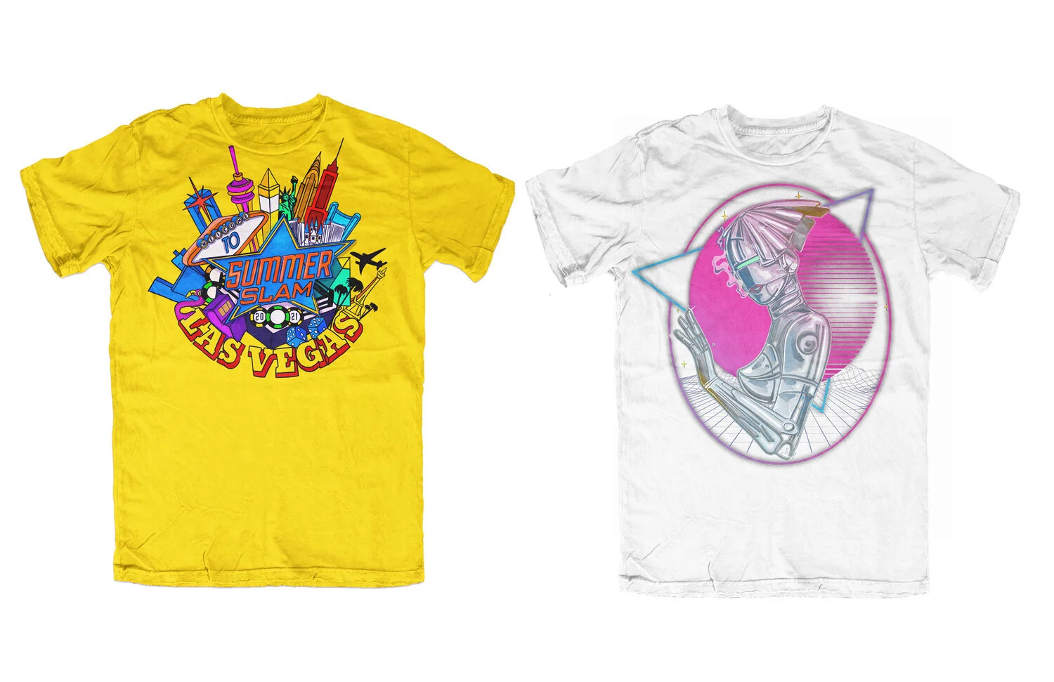 Two graphic T-shirts, one yellow with a cityscape and casino theme saying 'To Summer Slam Las Vegas,' and the other white with a futuristic robotic design and a pink circle background.