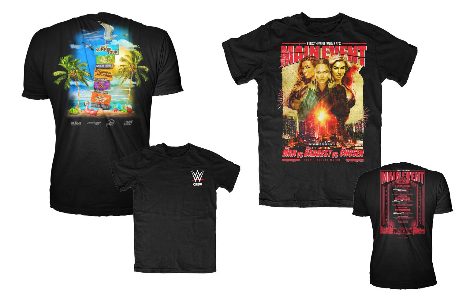 Four black T-shirts featuring colorful wrestling and sports event graphics and logos, with one displaying a tropical summertime scene, one showing a WWE Raw logo, and two promoting WWE's WrestleMania Main Event with images of female wrestlers and mat