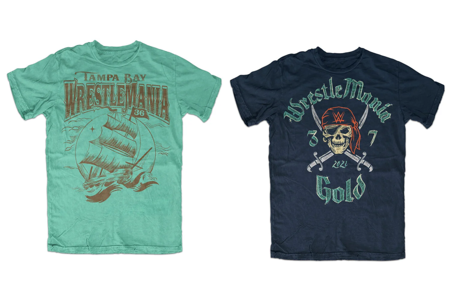 Two graphic t-shirts, one green featuring Tampa Bay WrestleMania 36 sailing ship, and one navy blue with pirate skull and swords, and the words 'WrestleMania' and 'Gold'.