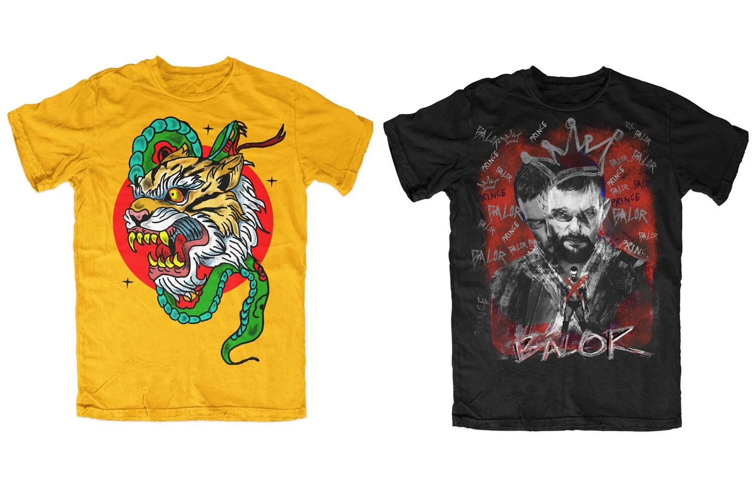 Yellow T-shirt with a large colorful tiger and snake graphic; black T-shirt with a monochrome photo of a man wearing a crown and the word 'BALOR' in graffiti style.