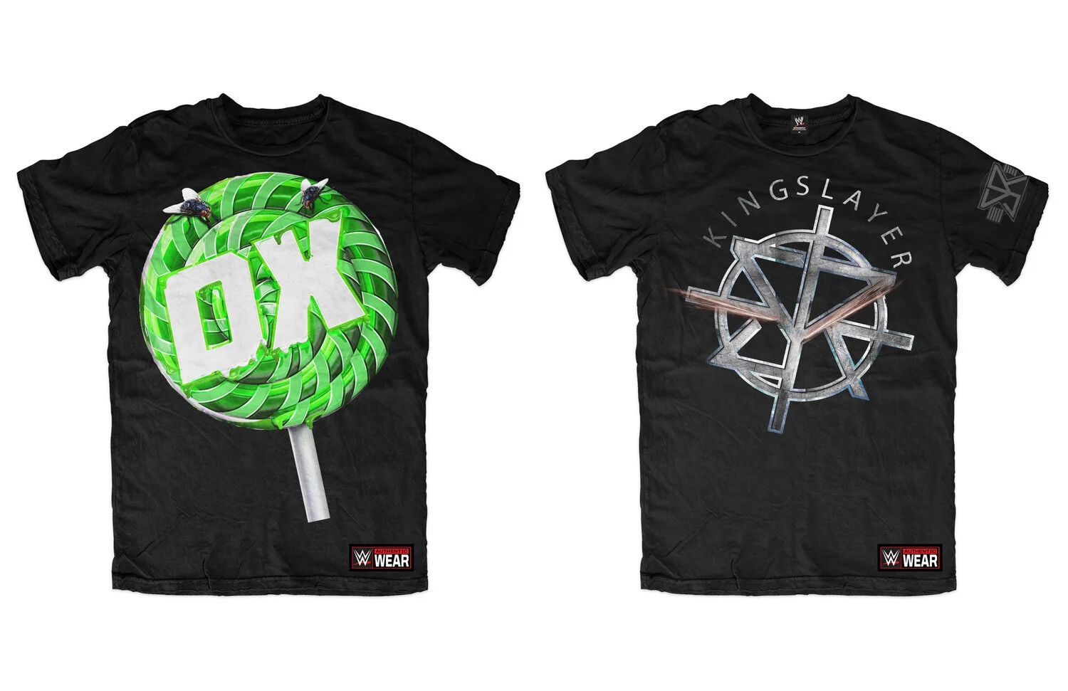 Two black T-shirts featuring WWE-themed graphic designs. The left T-shirt displays a large green lollipop with a white DQ logo and two bees on top. The right T-shirt features a metallic logo with the text "KINGSLAYER" above it.