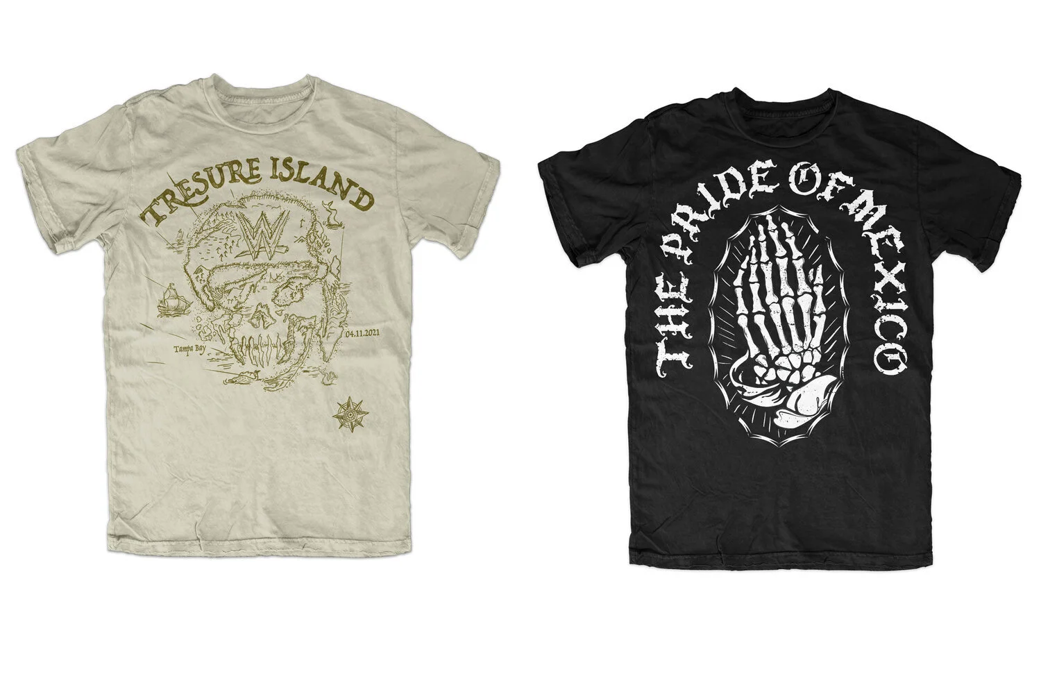 Two graphic T-shirts displayed side by side. The left shirt is light-colored with a graphic skull design and the text 'Treasure Island' above, featuring a map-like illustration, a sailing ship, and a date. The right shirt is black with a white skelet