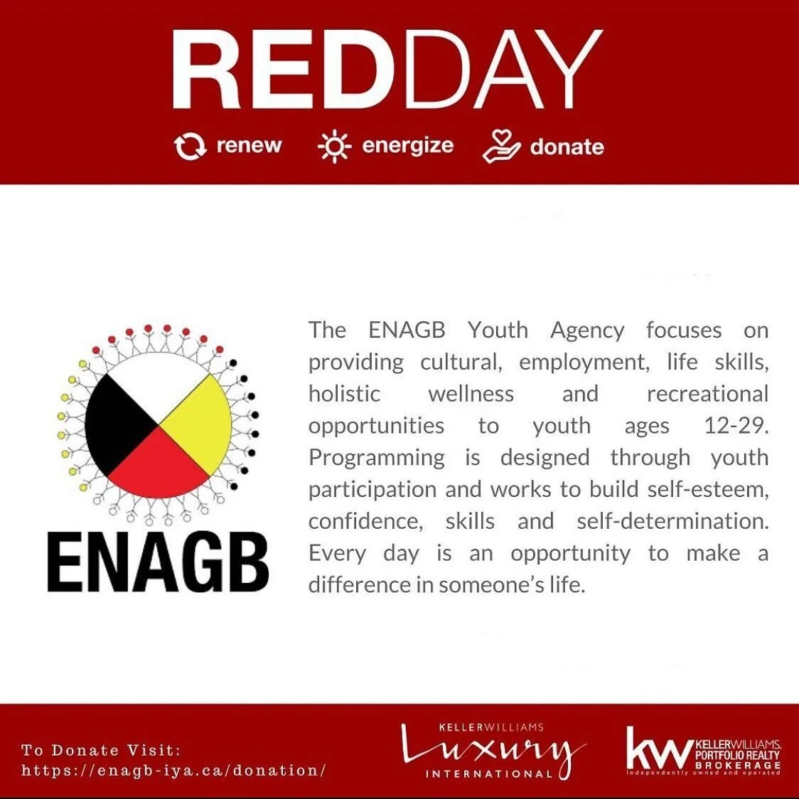 I&rsquo;m happy to support @enagbyouth Indigenous youth as part of KW&rsquo;s Red Day service initiative. ENAGB programs create cultural, employment, life skills and holistic wellness opportunities in local communities. Programs are designed with you