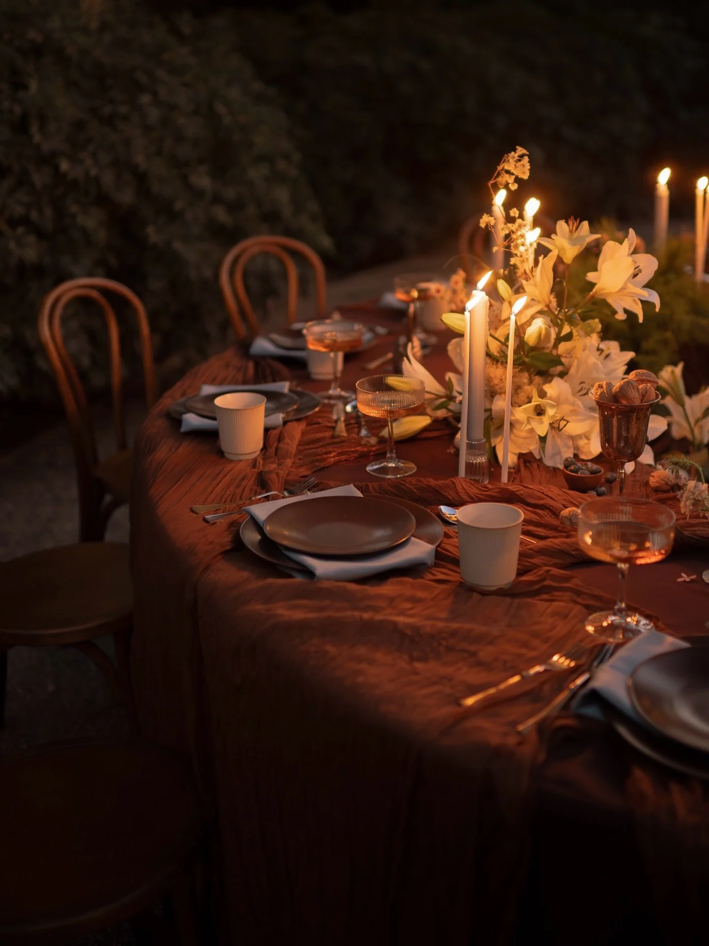 Dusk to twilight&mdash; there&rsquo;s something really special about a candlelit dinner to end the night 🤎🕯️🍇🌾 From natural lighting to direct flash, it photographs beautifully in all settings. 
.
.
.
Design: @meaghanbriannephoto + @nikkistrekows