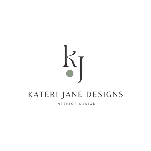A logo for Kateri Jane Designs, an interior design company, featuring stylized initials 'k' and 'j' with a green dot, and the text 'Kateri Jane Designs Interior Design' below.