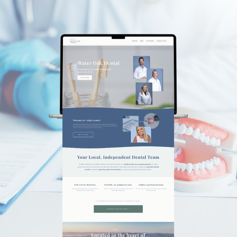 A laptop displaying a dental clinic website with images of smiling professionals and dental care products, set against a background of dental tools and a model of teeth.