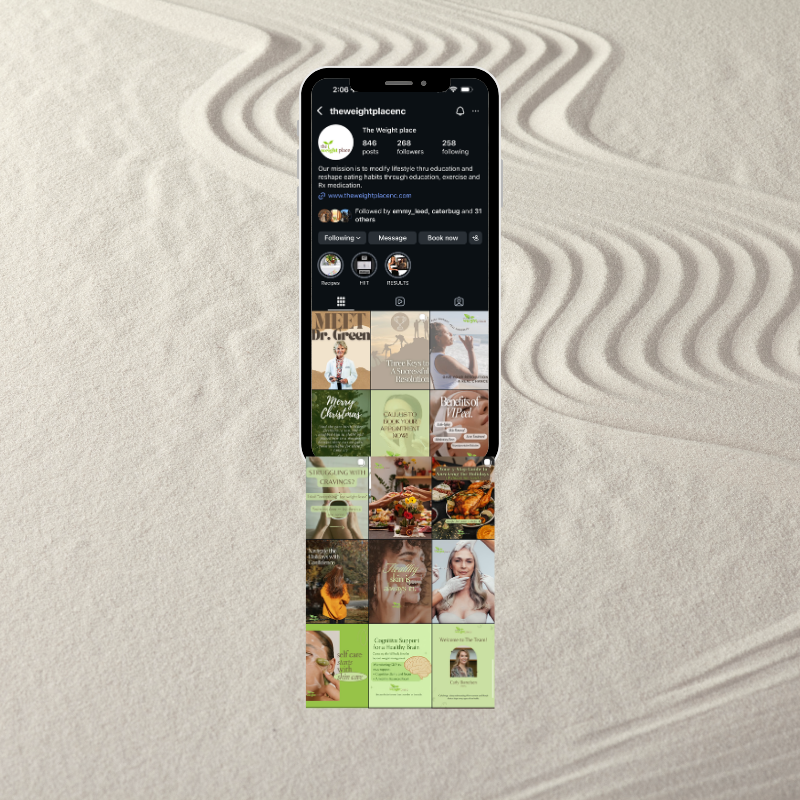 Instagram profile page titled "The Weight Place" on a smartphone screen, displaying posts about health, fitness, recipes, and lifestyle tips. The background is sandy with wavy patterns.