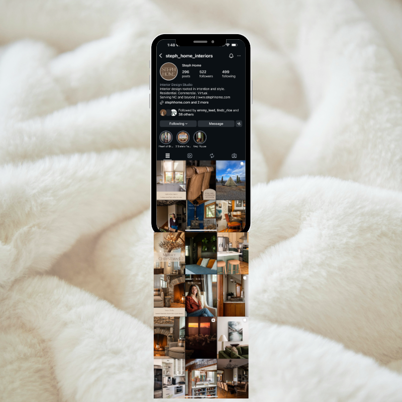 Instagram profile page of steph_home_interiors displaying interior design photos, including living rooms, bedrooms, kitchens, and decor images, on a smartphone screen.