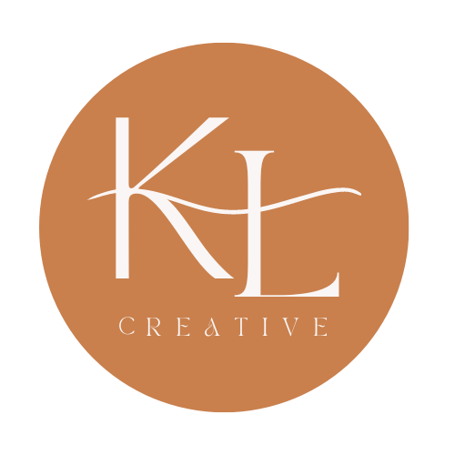 Logo with a brown circle background featuring white stylized initials 'K' and 'L', with the word 'CREATIVE' underneath.