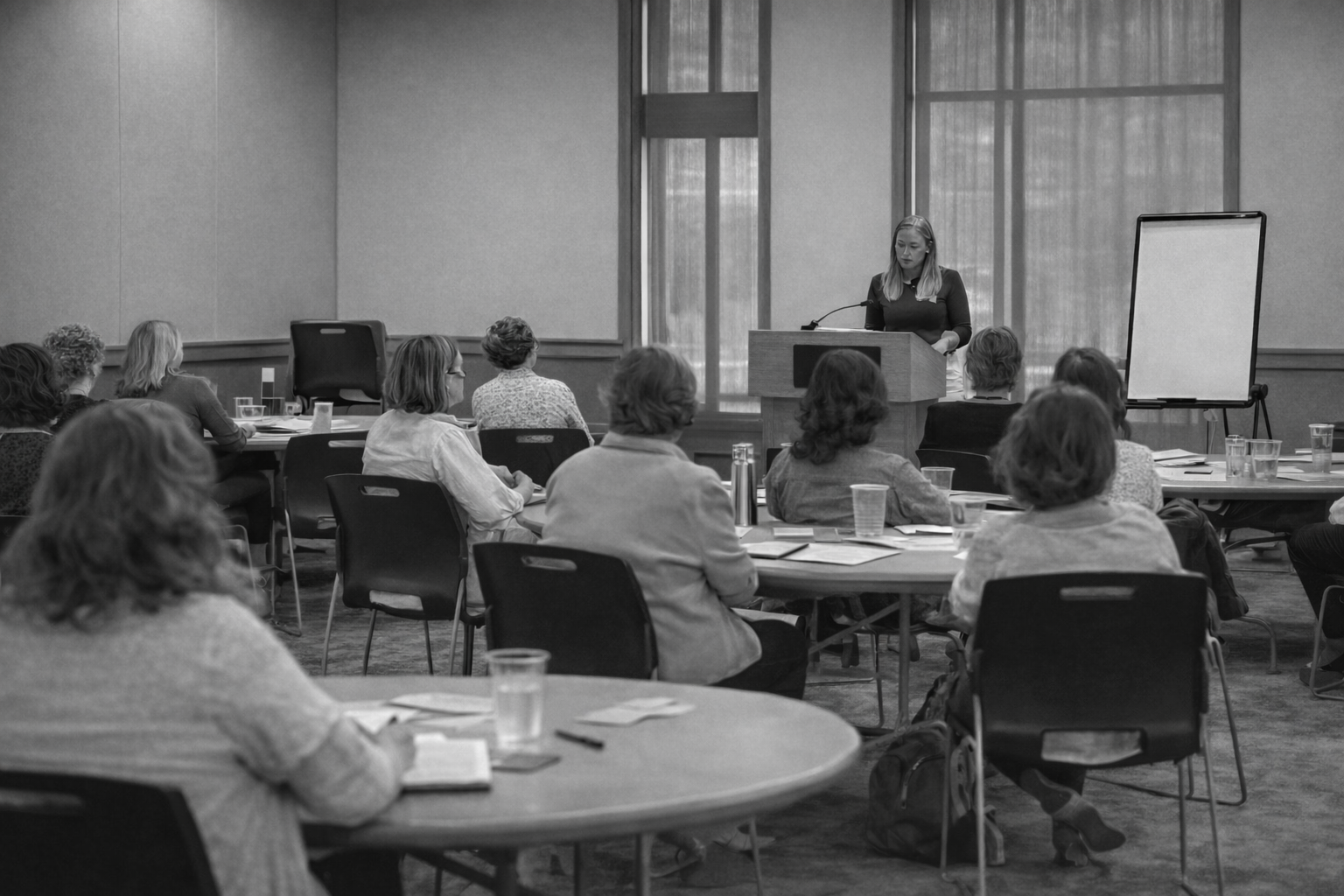 A woman giving a presentation at a conference or workshop to an audience seated at round tables in a meeting room.