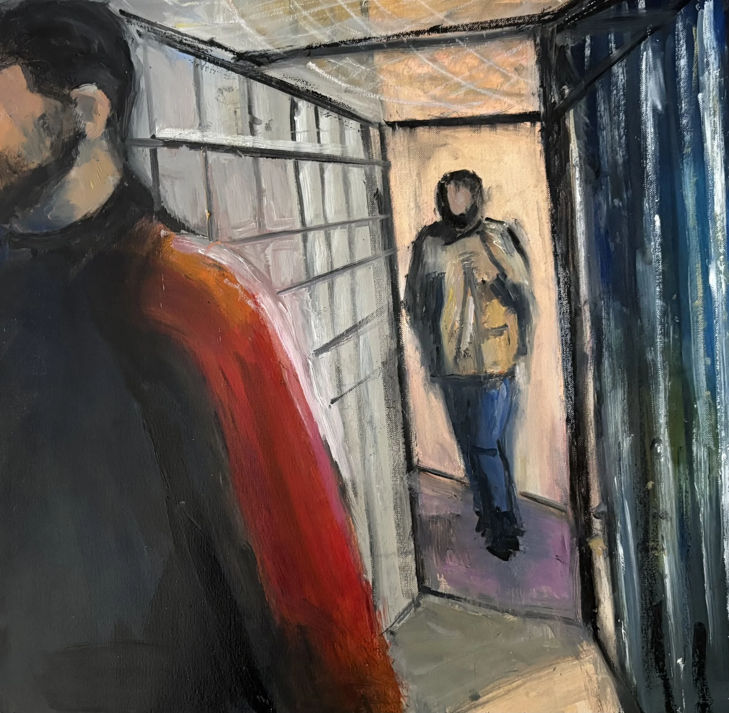 Going to work. Until recently thousands of Palestinian workers going to work had to pass through caged checkpoints. Now this has ceased because workers have been replaced by workers from other countries.
Oil on paper, £400
Any proceeds from a sale w