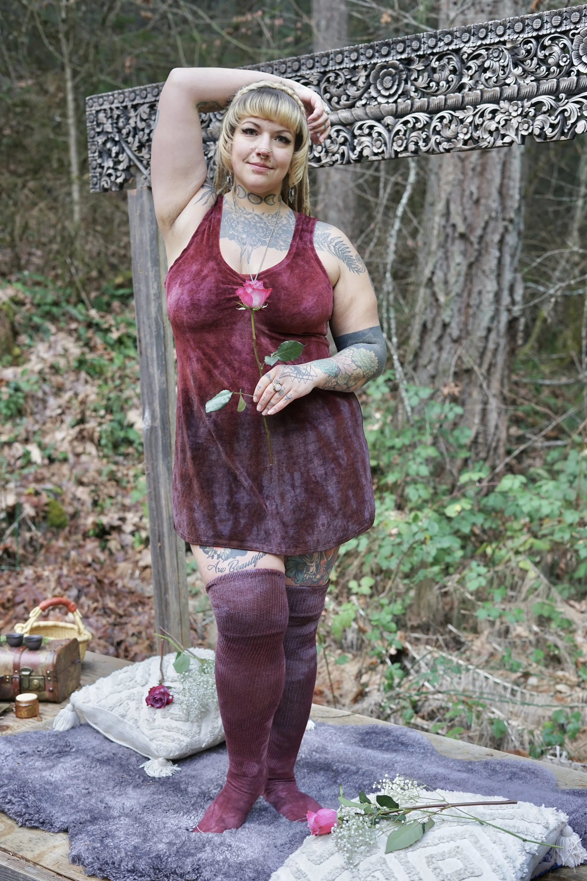 RTS- Bamboo Velvet Juniper Cinch Tunic in Bleeding Heart Pink into Dusty Lavender