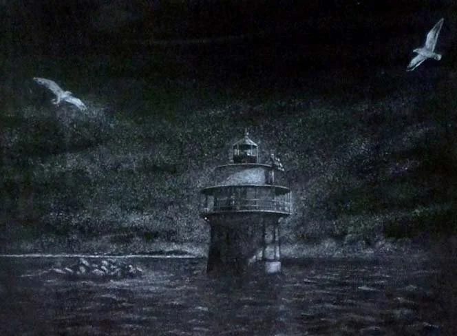 Black and white etching of a lighthouse at night with birds flying overhead.