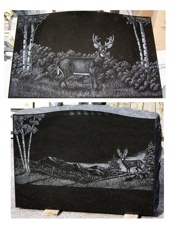 Two engraved tombstones featuring deer and natural landscapes.