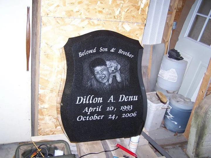 Memorial headstone in a workshop setting