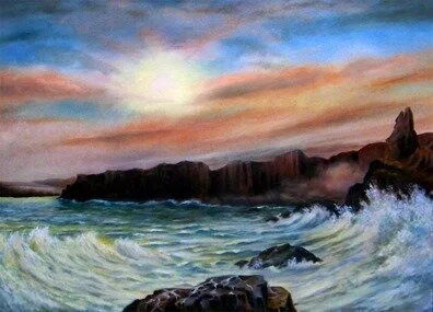 painting of a seascape with cliffs, waves, and a sunset