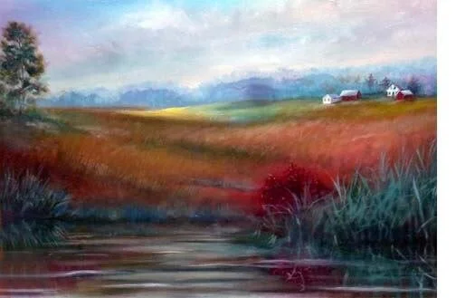 Pastoral landscape painting with rolling hills, a river in the foreground, trees, and distant farmhouses under a cloudy sky.