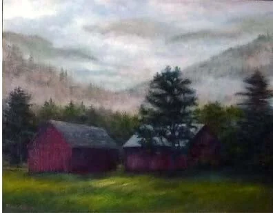 Painting of a rural landscape with red barns, evergreen trees, and misty hills in the background.