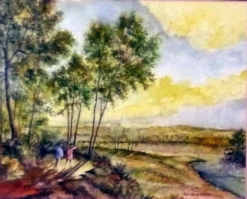 Impressionist painting of a landscape with trees and people