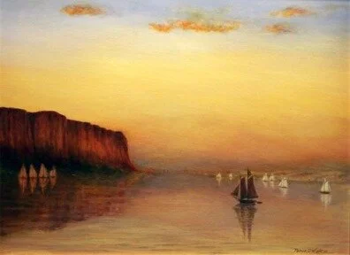 sailboats on a calm sea at sunset with cliffs in the background