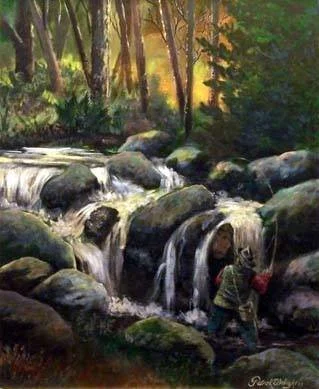 painting of a person fishing near a forest waterfall