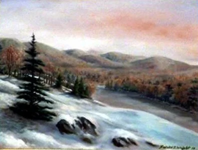 Landscape painting of a snowy hillside with a pine tree, forest, and mountains in the background, under a cloudy sky.