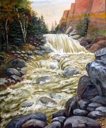 Painting of a rocky river with a waterfall and trees