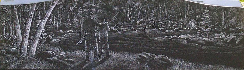 Engraved image of two people fishing by a forest river.