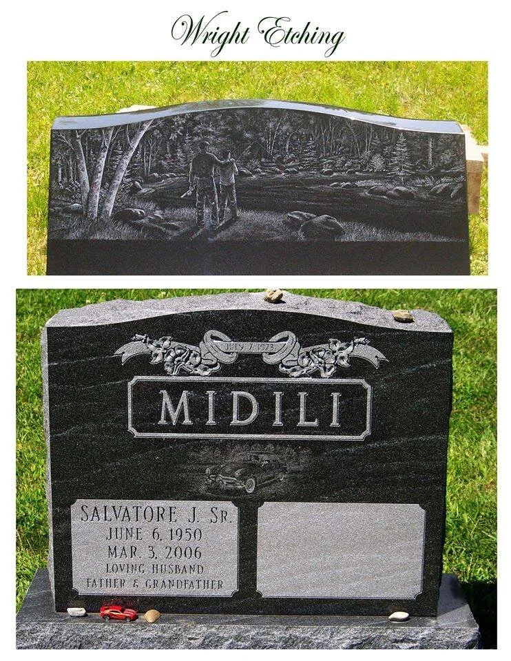 A two-part image showing a gravestone with intricate engravings. The top section features a detailed etching of a man and child walking in a forest scene. The bottom section displays the surname "Midili," floral decorations, a vintage car illustratio