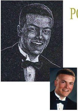 A black-and-white textured portrait of a man in a tuxedo, and a smaller color photograph of the same man smiling and wearing a tuxedo, side by side.