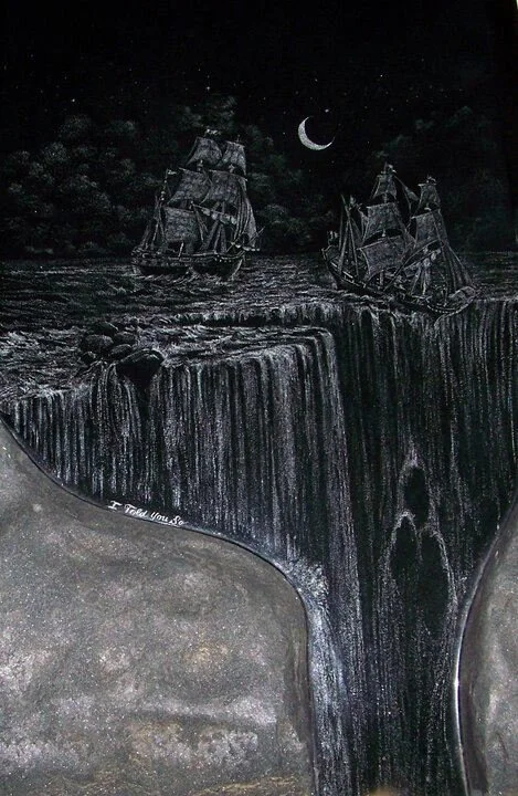 Illustration of ships sailing off an edge of a waterfall under a crescent moon, with rocks in the foreground and trees in the background.