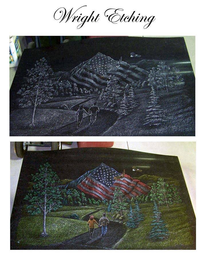 Two images of a mountain landscape painting with an American flag theme, showing a couple walking along a path. Upper image is uncolored and below is colored, labeled 'Wright Etching.'