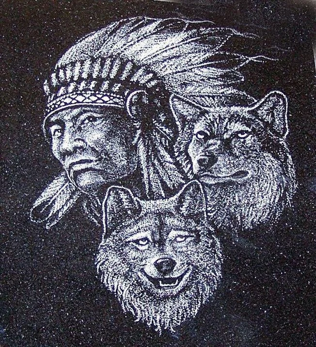 Artwork featuring a Native American chief in traditional headdress with two wolves against a dark background.
