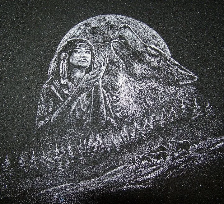 Artistic illustration of a Native American man with feathers in his hair, beside a howling wolf with moon in the background, set above a forest and a pack of wolves.