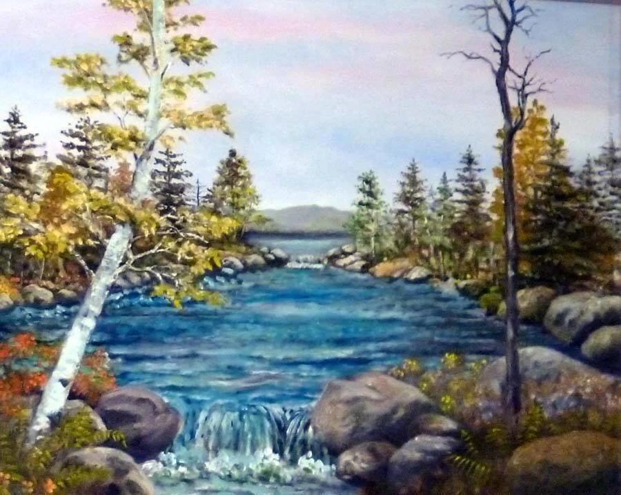 Painting of a serene forest landscape with a flowing river, surrounded by trees and rocks under a pastel sky.