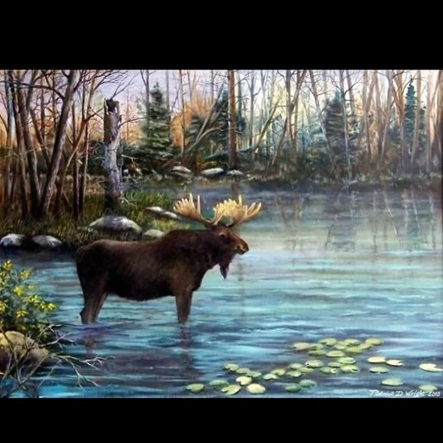 Painting of a moose standing in a calm pond surrounded by a forest with bare trees and some greenery. The water has lily pads floating on it.