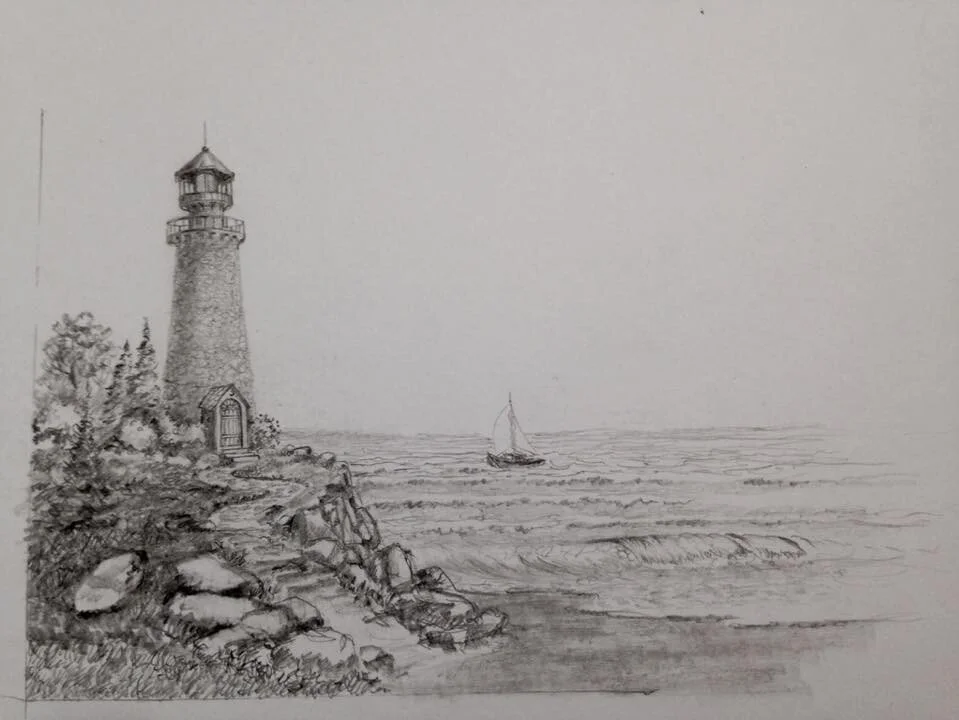 Pencil sketch of a coastal scene with a lighthouse and sailboat